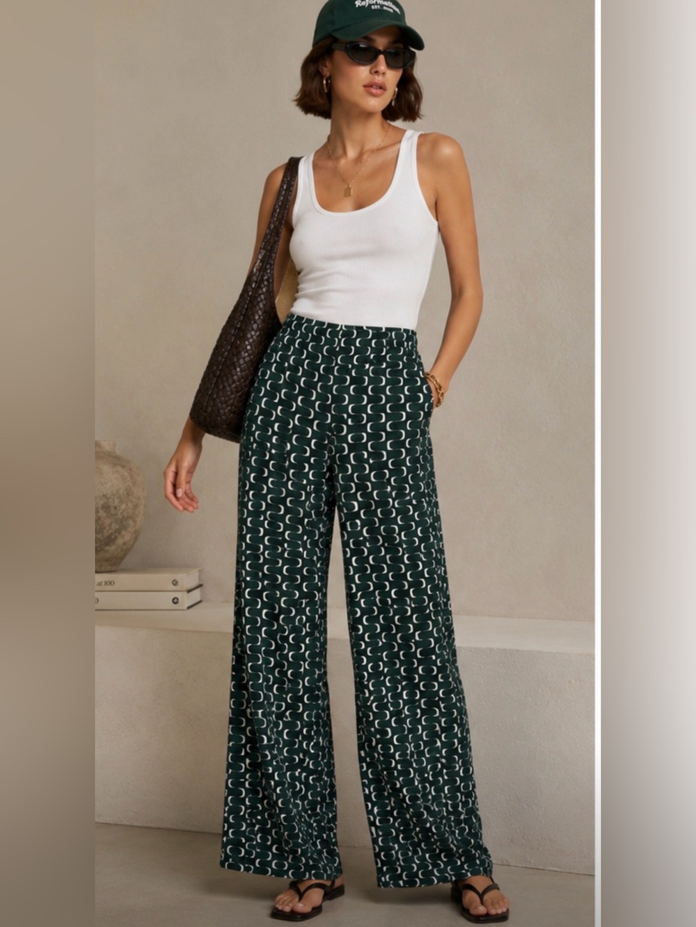 Reformation Olina Silk Pants Green and White Patterned size L 100% Silk wide leg